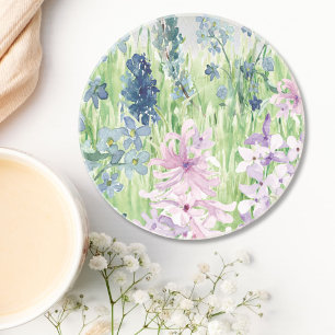 Watercolor Blue Purple Flower Meadow on Mountain Coaster