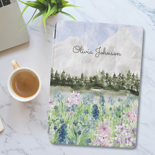 Watercolor Blue Purple Flower Meadow on Mountain iPad Mini Cover