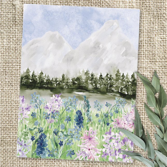 Watercolor Blue Purple Flower Meadow on Mountain Postcard (In situ)