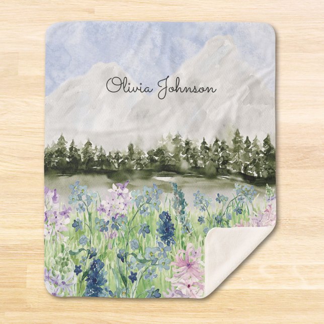 Watercolor Blue Purple Flower Meadow on Mountain Sherpa Blanket (In situ on wood floor)
