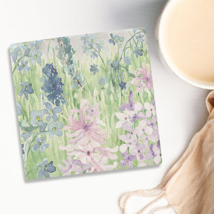 Watercolor Blue Purple Flower Meadow on Mountain Stone Coaster