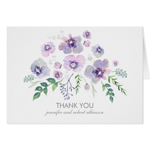 Watercolor Blue Purple Flowers Wedding Thank You Card