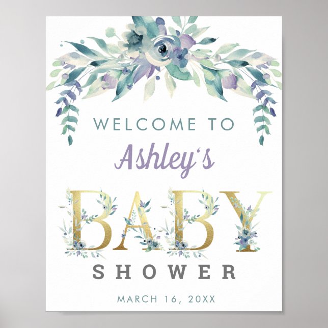 Watercolor Blue purple flowers welcome Baby shower Poster (Front)