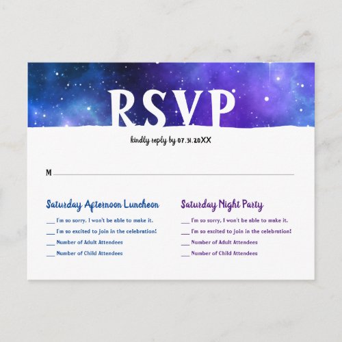 Watercolor Blue Purple Galaxy Bat Bar Mitzvah RSVP Announcement Postcard