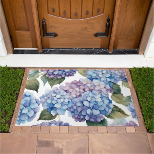 Watercolor Blue, Purple Hydrangea Flowers Doormat