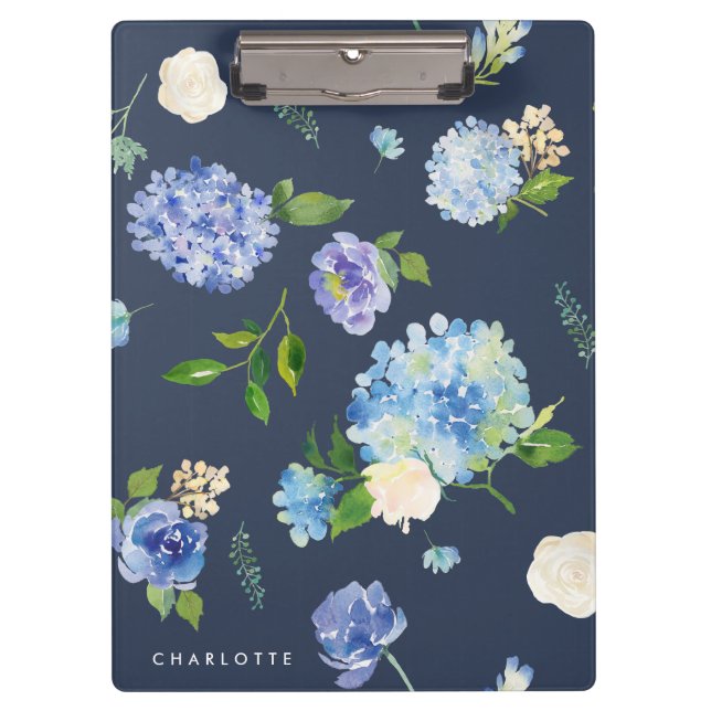Watercolor Blue & Purple Hydrangeas Personalized Clipboard (Front)