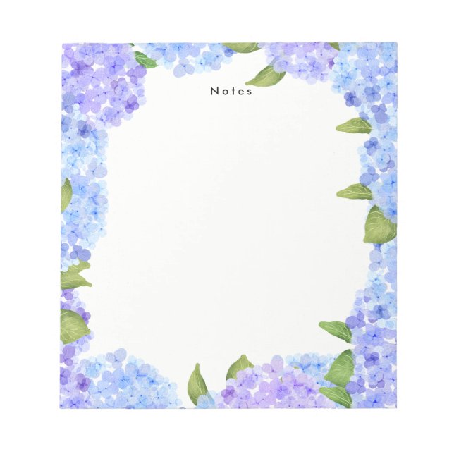 Watercolor Blue Purple Hydrangeas Personalized Notepad (Front)