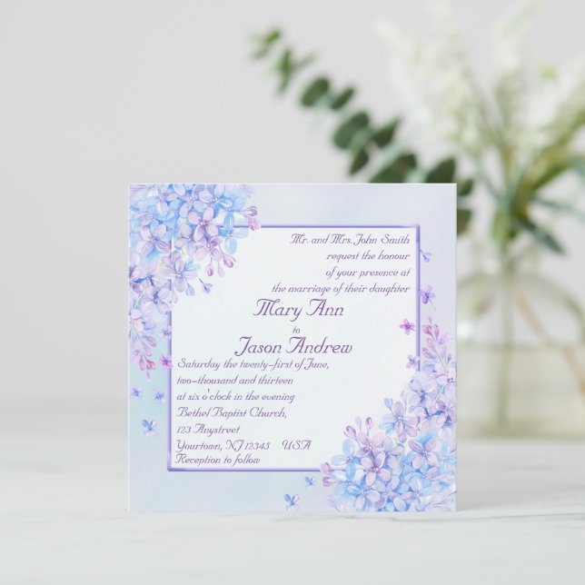Watercolor Blue Purple Lilac Flower Invite Card (Standing Front)