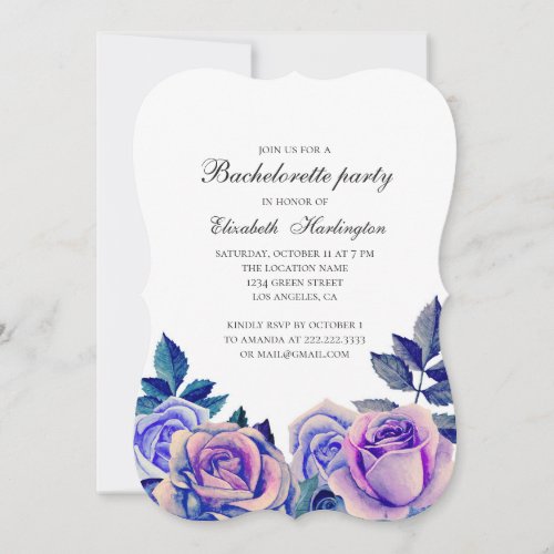 Watercolor blue purple roses bachelorette party invitation