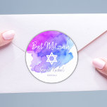 Watercolor Blue Purple Star of David Bat Mitzvah Classic Round Sticker<br><div class="desc">Add these gorgeous small round envelope sticker seals Jewish Bat or Bar Mitzvah to your invitations, envelopes, thank you cards or any other item such as thank you gifts or favors. For boy or girl. Modern Trendy white script calligraphy letters design. Watercolor background in blue, teal, turquoise, violet purple hues...</div>