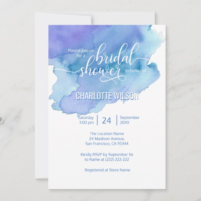 Watercolor Blue Purple Wedding Bridal Shower Invitation (Front)