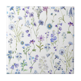 Watercolor Blue Purple Wildflower Floral Pattern Ceramic Tile