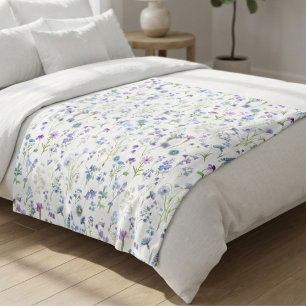 Watercolor Blue Purple Wildflower Floral Pattern Fleece Blanket