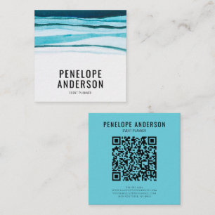 Watercolor Blue QR Code Abstract Wavy Lines Ocean Square Business Card