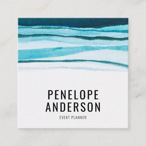 Watercolor Blue QR Code Abstract Wavy Lines Ocean Square Business Card