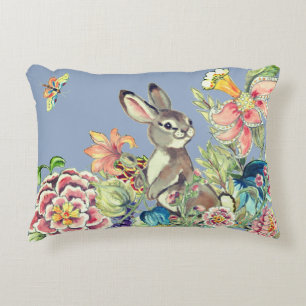 Watercolor Blue Rabbit Flower Garden Chinoiserie Accent Pillow