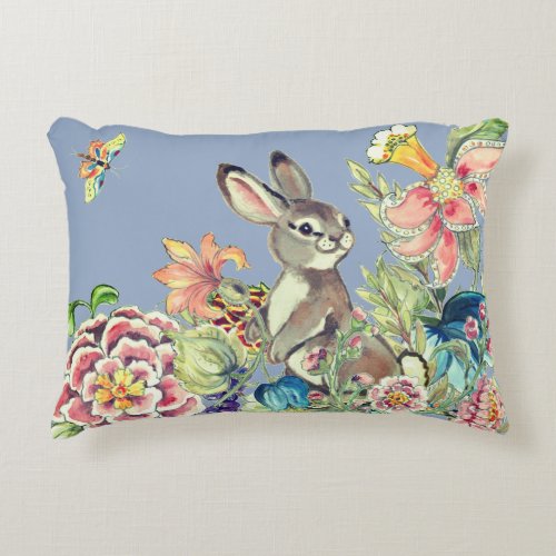 Watercolor Blue Rabbit Flower Garden Chinoiserie Accent Pillow