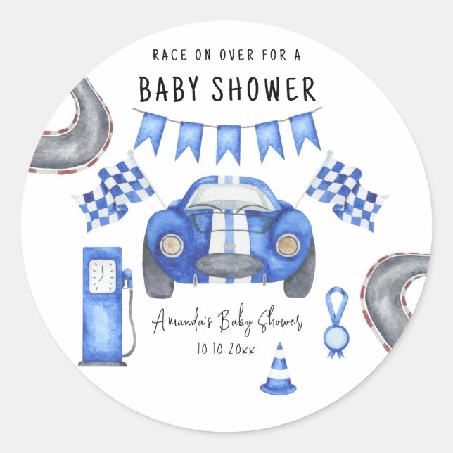 Watercolor Blue Race Car Baby Shower  Classic Round Sticker (Front)