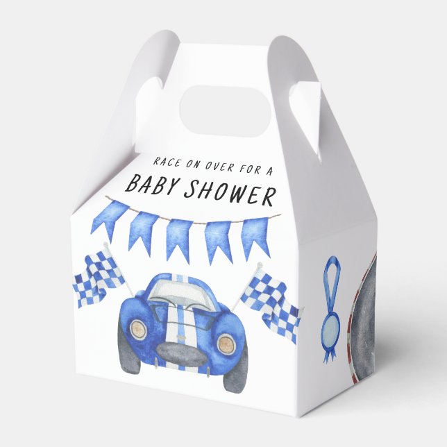 Watercolor Blue Race Car Baby Shower  Favor Boxes (Front Side)
