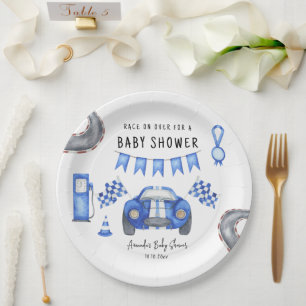 Watercolor Blue Race Car Baby Shower Paper Plates