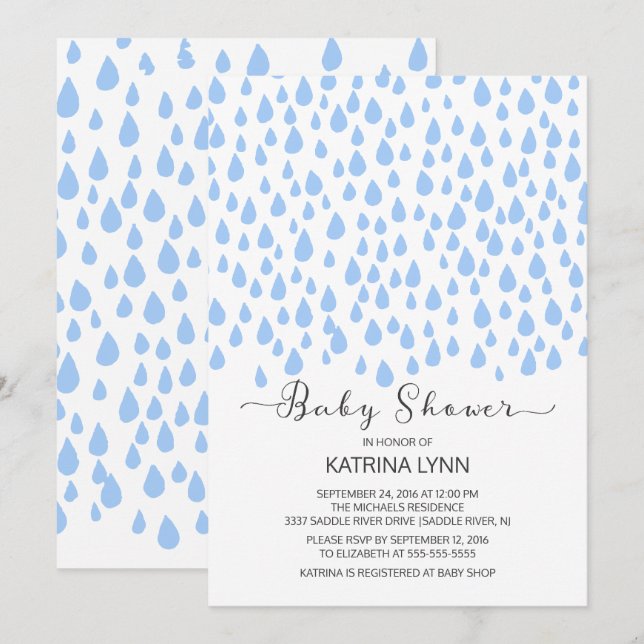 Watercolor Blue Raindrops Boys Baby Shower Invitation (Front/Back)