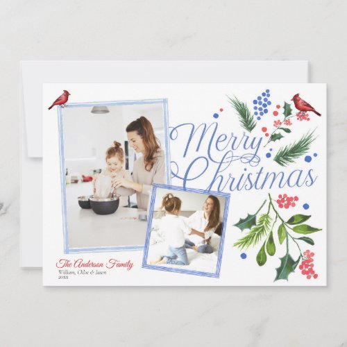 Watercolor Blue Red Merry Christmas Two Photos Holiday Card