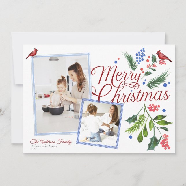 Watercolor Blue Red Merry Christmas Two Photos Holiday Card (Front)