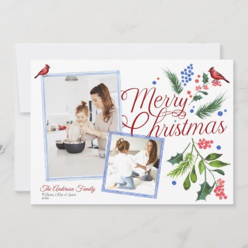 Watercolor Blue Red Merry Christmas Two Photos Holiday Card
