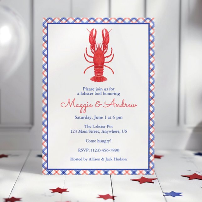 Watercolor Blue & Red Plaid Lobster Invitation (Creator Uploaded)