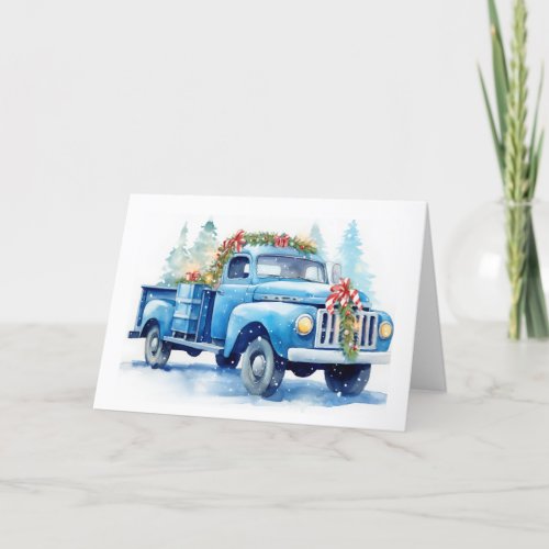 Watercolor Blue Retro Christmas Truck Holiday Card