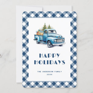 Watercolor Blue Retro Truck Gingham Plaid Holiday Card