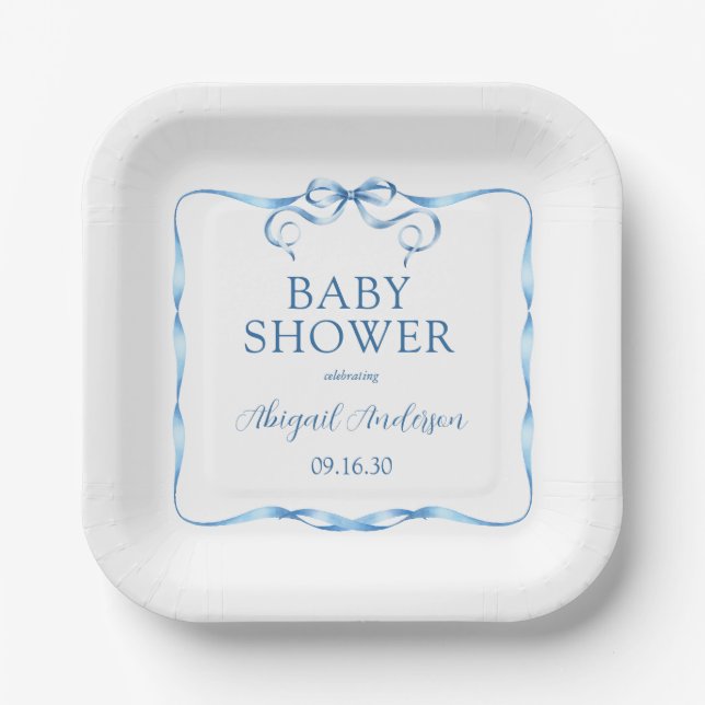 Watercolor Blue Ribbon Baby Shower Paper Plates (Front)