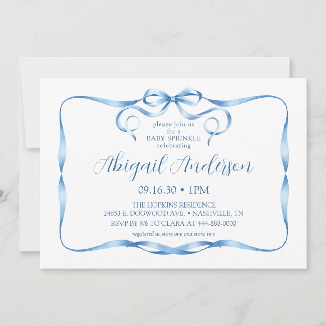 Watercolor Blue Ribbon Baby Sprinkle Invitation (Front)