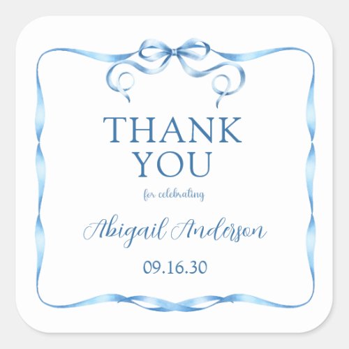 Watercolor Blue Ribbon Baby Sprinkle Thank You Square Sticker