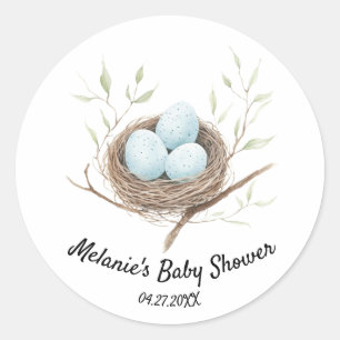 Watercolor Blue Robin Eggs in Nest Baby Shower Classic Round Sticker