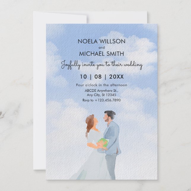 Watercolor blue romance couple wedding invitation (Front)