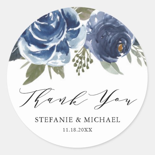Watercolor Blue Rose and Peony Wedding Thank You Classic Round Sticker