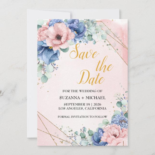Watercolor Blue Roses and Greenery Wedding Save The Date (Front)