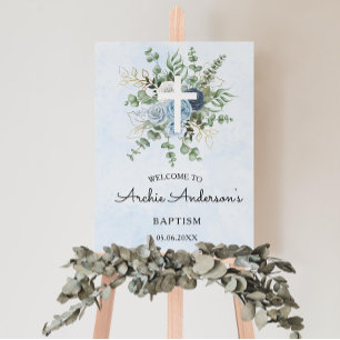 Watercolor Blue Roses Baptism Christening Welcome Foam Board