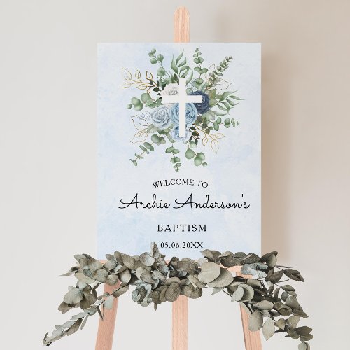 Watercolor Blue Roses Baptism Christening Welcome Foam Board