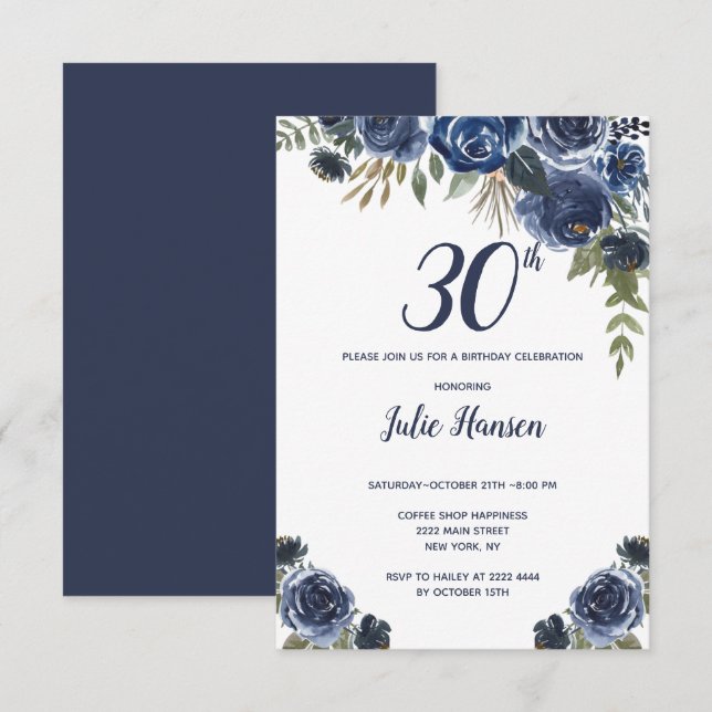Watercolor Blue Roses Birthday Invitation (Front/Back)