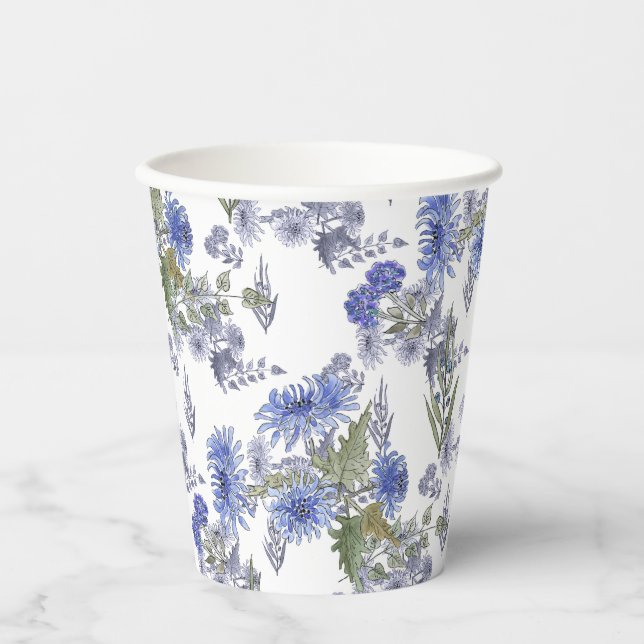 Watercolor blue roses flowers feathers white napki paper cups (Front)