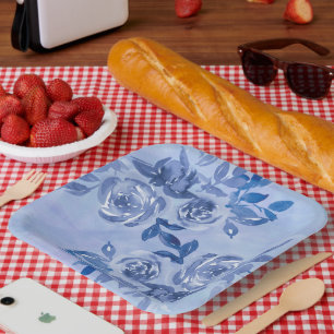 Watercolor Blue Roses Paper Plates