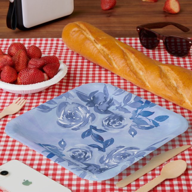 Watercolor Blue Roses Paper Plates (Picnic)