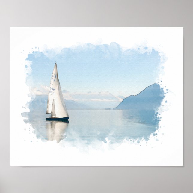 Watercolor Blue Sailing Boat Poster (Front)