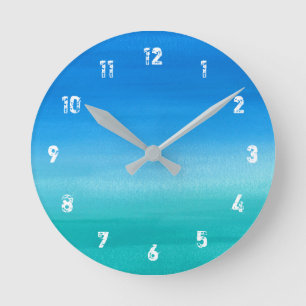 Watercolor Blue Sea Green Ocean Beach Round Clock