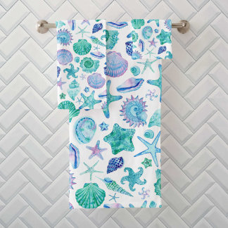 Watercolor Blue Sea Shells and Starfish Pattern Bath Towel Set