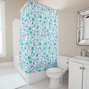 Watercolor Blue Sea Shells and Starfish Shower Curtain