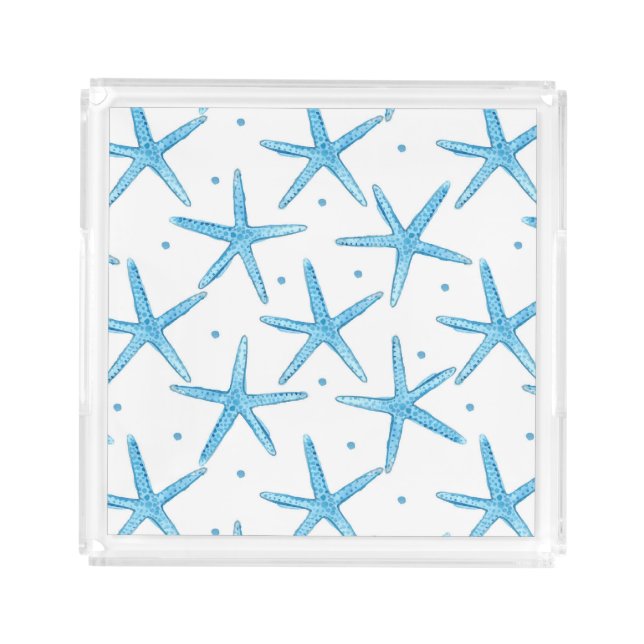 Watercolor Blue Sea Stars Pattern Acrylic Tray (Front)