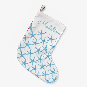 Watercolor Blue Sea Stars Pattern Add Your Name Small Christmas Stocking